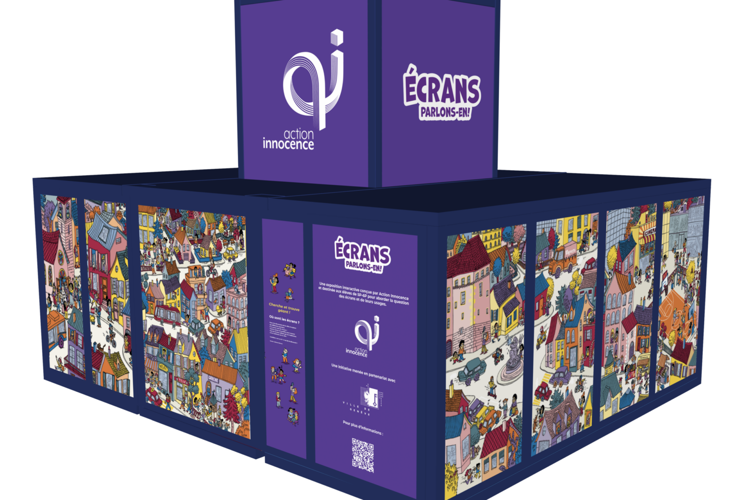 Exterior view of the Action Innocence pavilion, wrapped in colorful illustrations and educational content, clearly identified by signage inviting visitors to enter and explore.